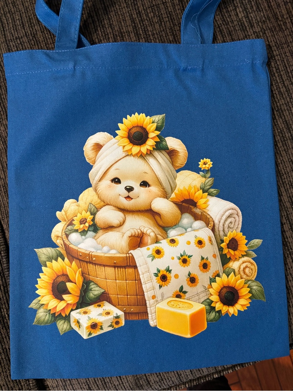 Blue Tote Bag with Sunflower Bear Print